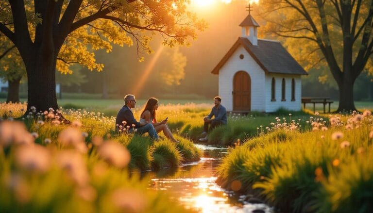 Ilustrasi beberapa orang sedang duduk di pinggir sungai dengan latar gereja