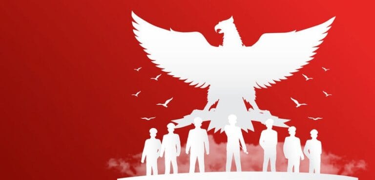 Ilustrasi siluet 7 pahlawan revolusi dengan burung garuda dibelakangnya