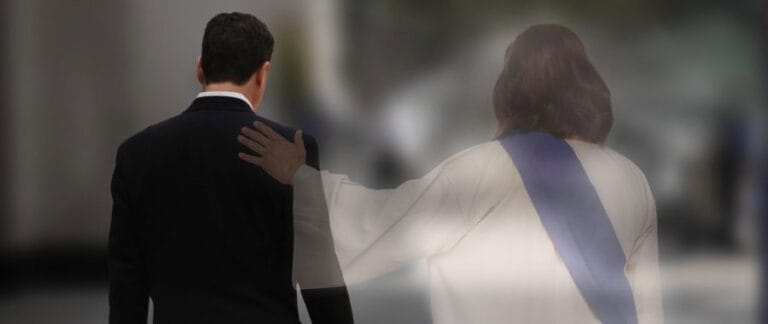 Ilustrasi seorang pria yang berjalan bersama Tuhan