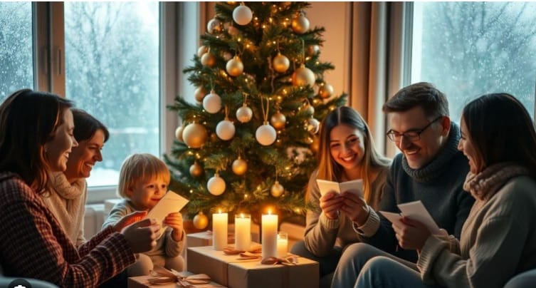 Ilustrasi Kehangatan Keluarga Membaca Pesan Natal Di Tengah Dinginnya Salju, di bawah pohon natal