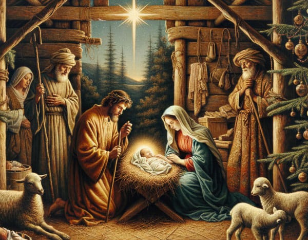 Ilustrasi kelahiran Tuhan Yesus yang terbaring dipalungan dengan ditemani yusuf dan maria serta para gembala