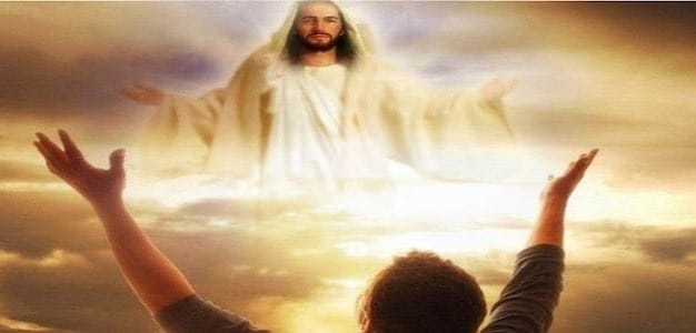 Ilustrasi Tuhan Yesus di langit dengan seorang pria yang menengadah ke langit