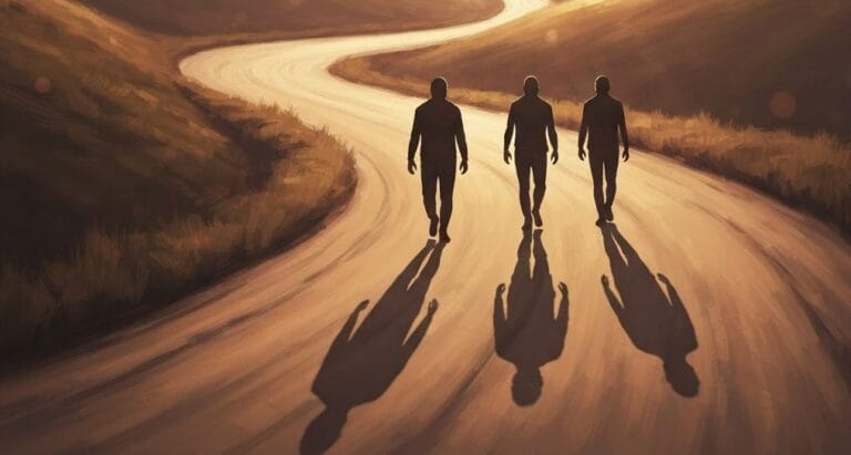 Ilustrasi tiga orang yang sedang berjalan di sebuah jalan berliku