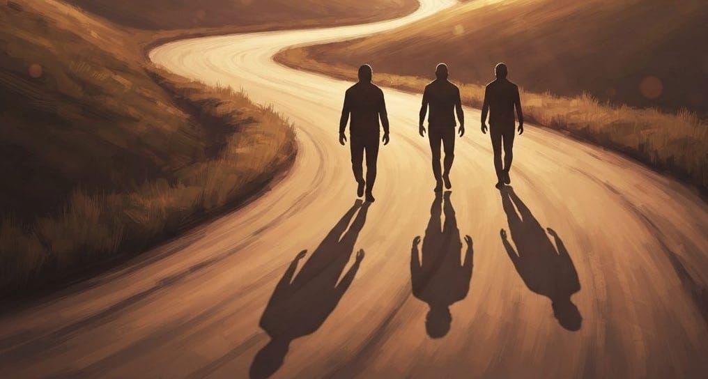 Ilustrasi tiga orang yang sedang berjalan di sebuah jalan berliku